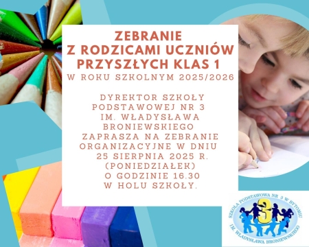 Spotkanie z rodzicami uczniów klas pierwszych odbędzie się 25.08.2025r.