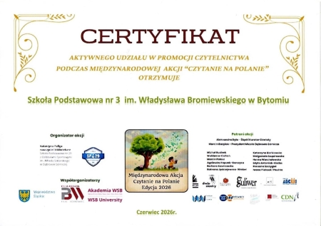 Certyfikat dla szkoły  ''Czytanie na polanie''